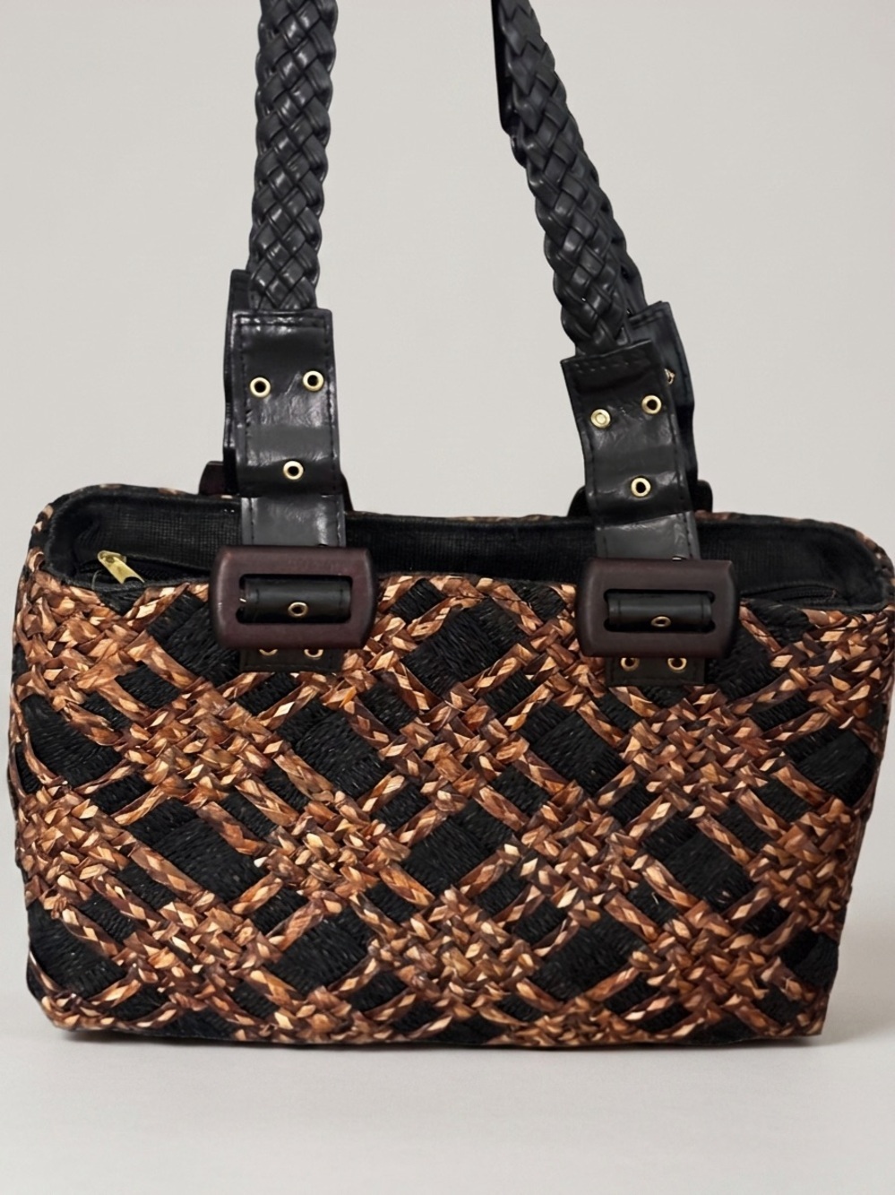 Woven Straw Handbag Black and Brown with Braided Faux Leather Handles